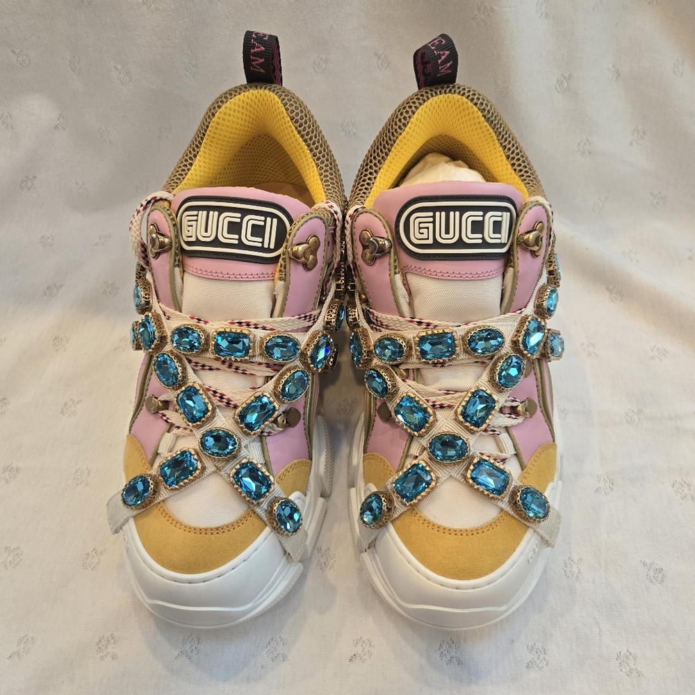 NIB Gucci Flashtrek Sneakers- Pink and Gold w/ Blue Jewels Size 40 - Picture 2 of 9